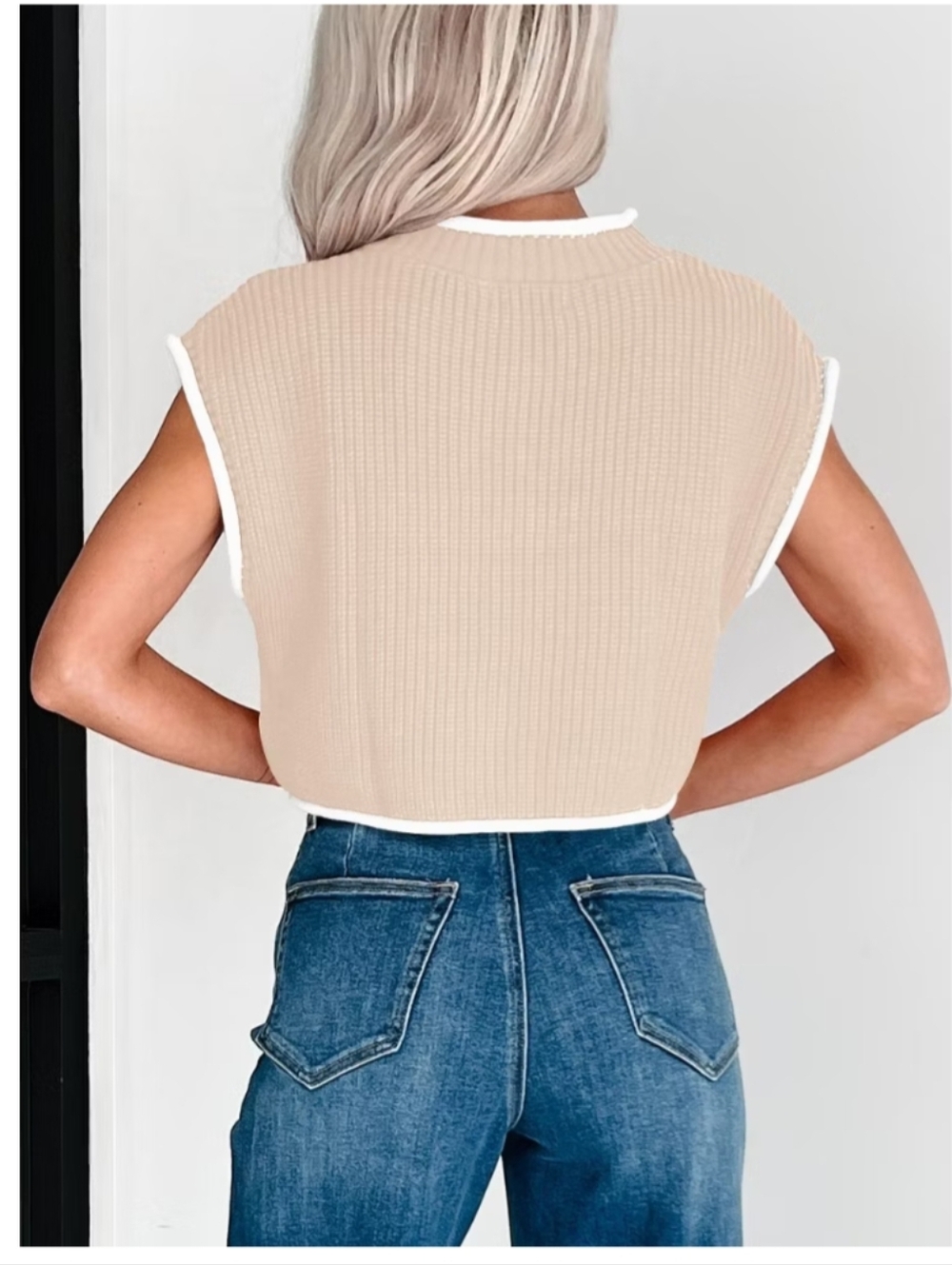 Yesfashion Cream Knit Crop Top with White Trim Size Medium - Picture 2 of 6
